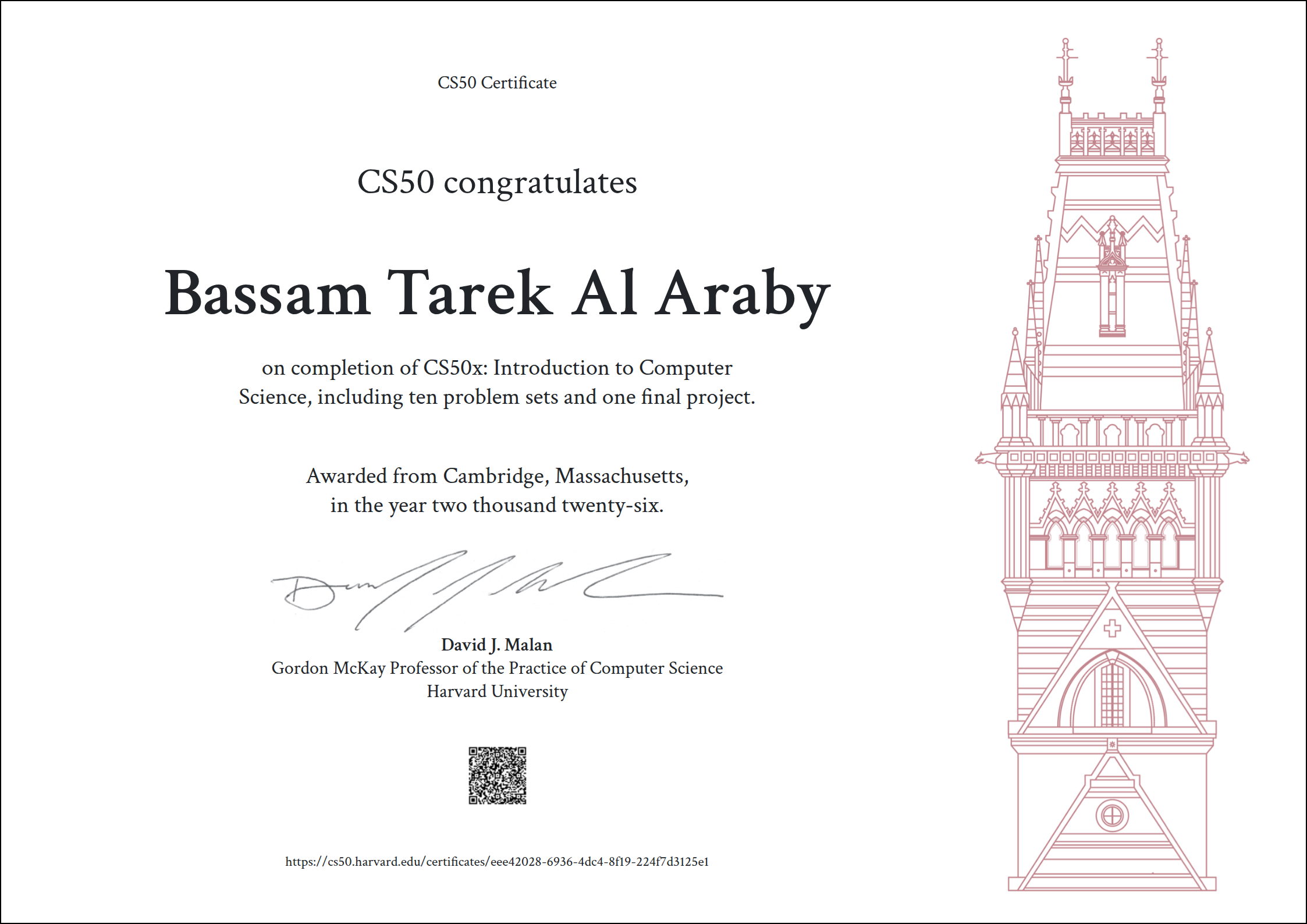 CS50x Certificate — Bassam Tarek Al-Arabi